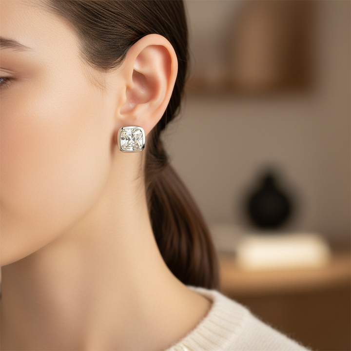 Lab Grown Diamond Cushion Bezel Stud Earrings · 1ct tw — portrait close — Platinum