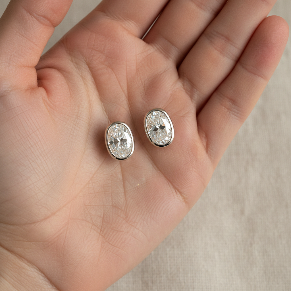 Lab Grown Diamond Oval Bezel Stud Earrings · 2ct tw, hand full, Platinum