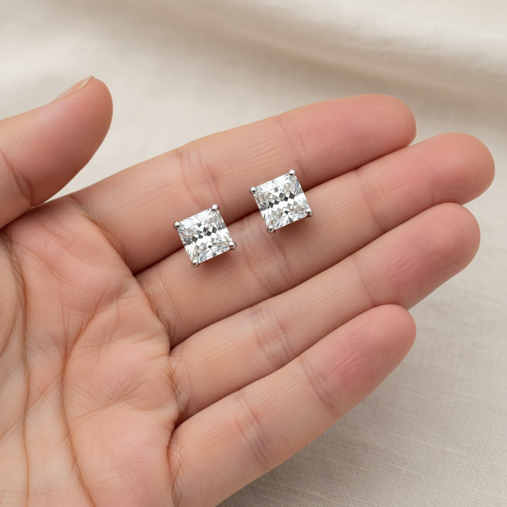 Lab Grown Diamond Princess 4-Prong Stud Earrings · 1ct tw, hand full, Platinum