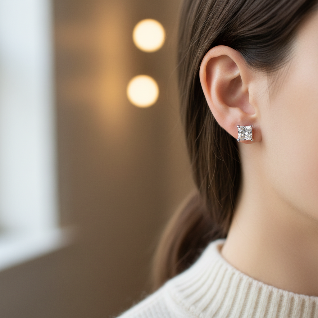 Lab Grown Diamond Princess 4-Prong Stud Earrings · 3ct tw — portrait close — Platinum
