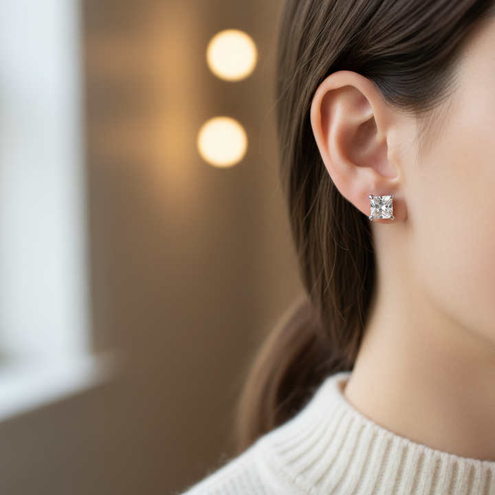 Lab Grown Diamond Princess 4-Prong Stud Earrings · 3ct tw — portrait close — Platinum
