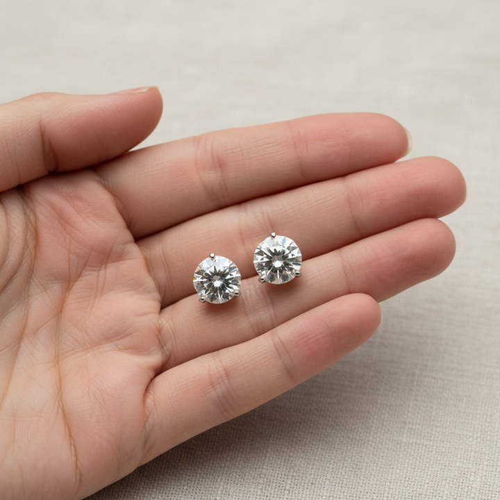 4ct tw Round Brilliant Natural Diamond Stud Earrings, Martini — hand full — Platinum