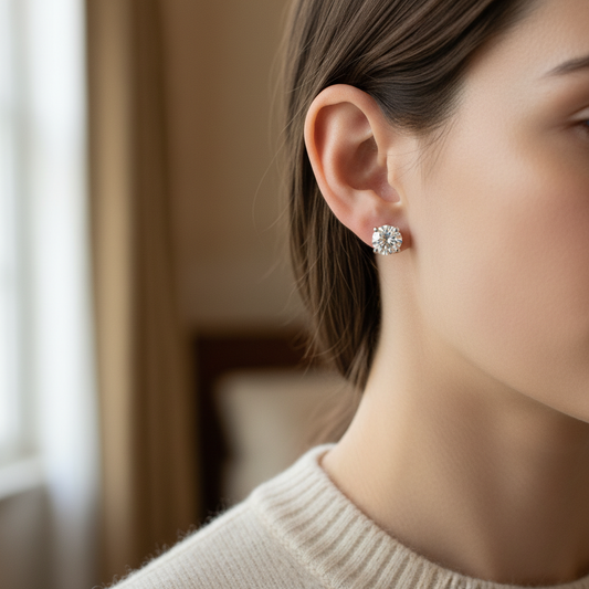 1ct tw Round Brilliant Natural Diamond Stud Earrings, 4-Prong — portrait close — Platinum