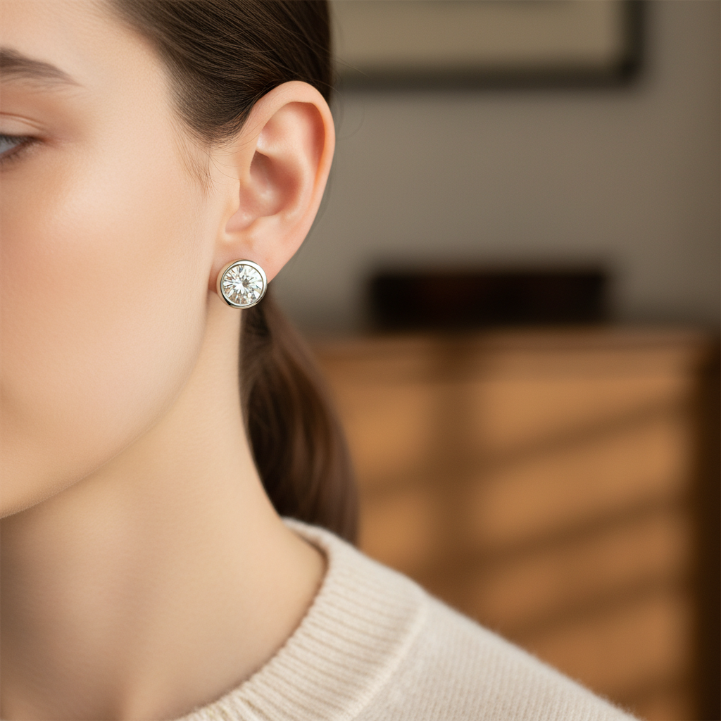 Lab Grown Diamond Round Bezel Stud Earrings · 4ct tw, portrait close, Platinum