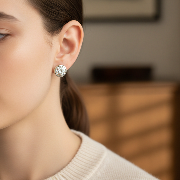 Lab Grown Diamond Round Bezel Stud Earrings · 4ct tw, portrait close, Platinum