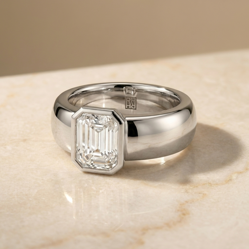 Bezel Set Cigar Band Shield styling on The Remi diamond engagement ring setting | RockHer