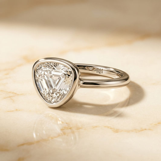 The Agnes bezel solitaire shield engagement ring setting in 18k white gold — alt-angle hero — RockHer