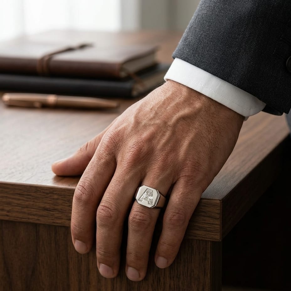 Diamond Letter Signet Ring - Platinum, worn on hand, masculine full view