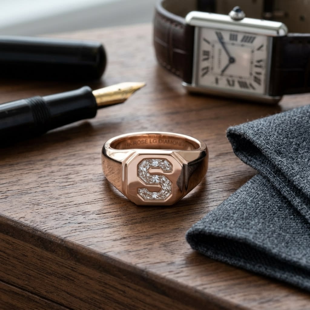 Diamond Letter Signet Ring - 14K Rose Gold, on walnut surface with pocket square
