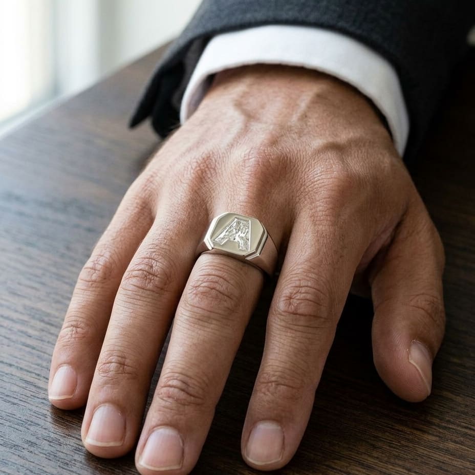 Diamond Letter Signet Ring - 14K White Gold, worn on hand, masculine close-up