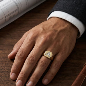 Diamond Letter Signet Ring - 14K Yellow Gold, worn on hand, masculine full view