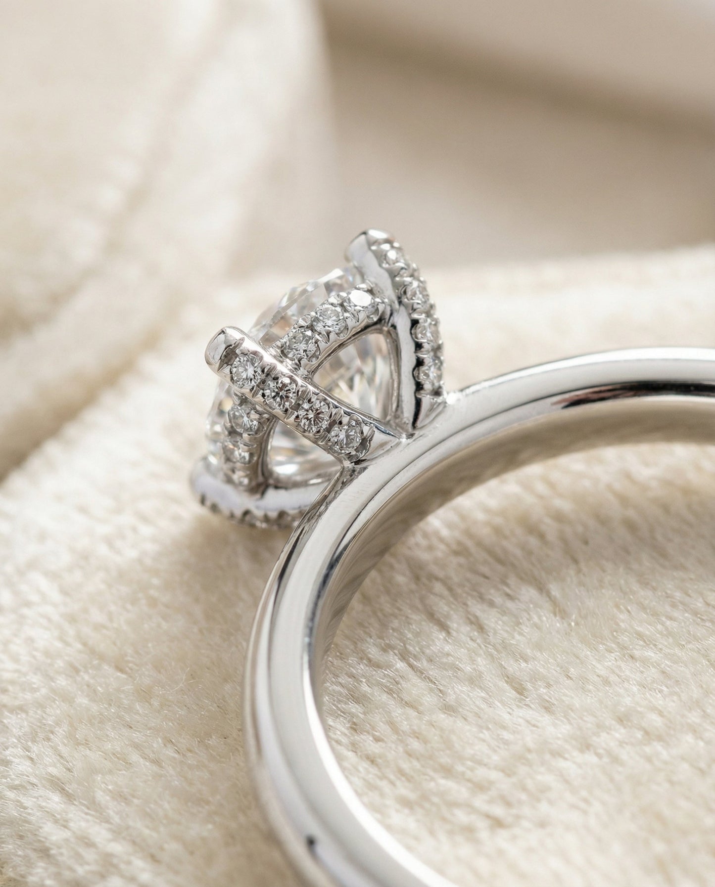 Lana Select Secret Halo Adorned Prong Solitaire Cushion Engagement Ring in 14K White Gold with Cushion Ideal Cut Lab Diamond — D/VVS1 | IGI Certified