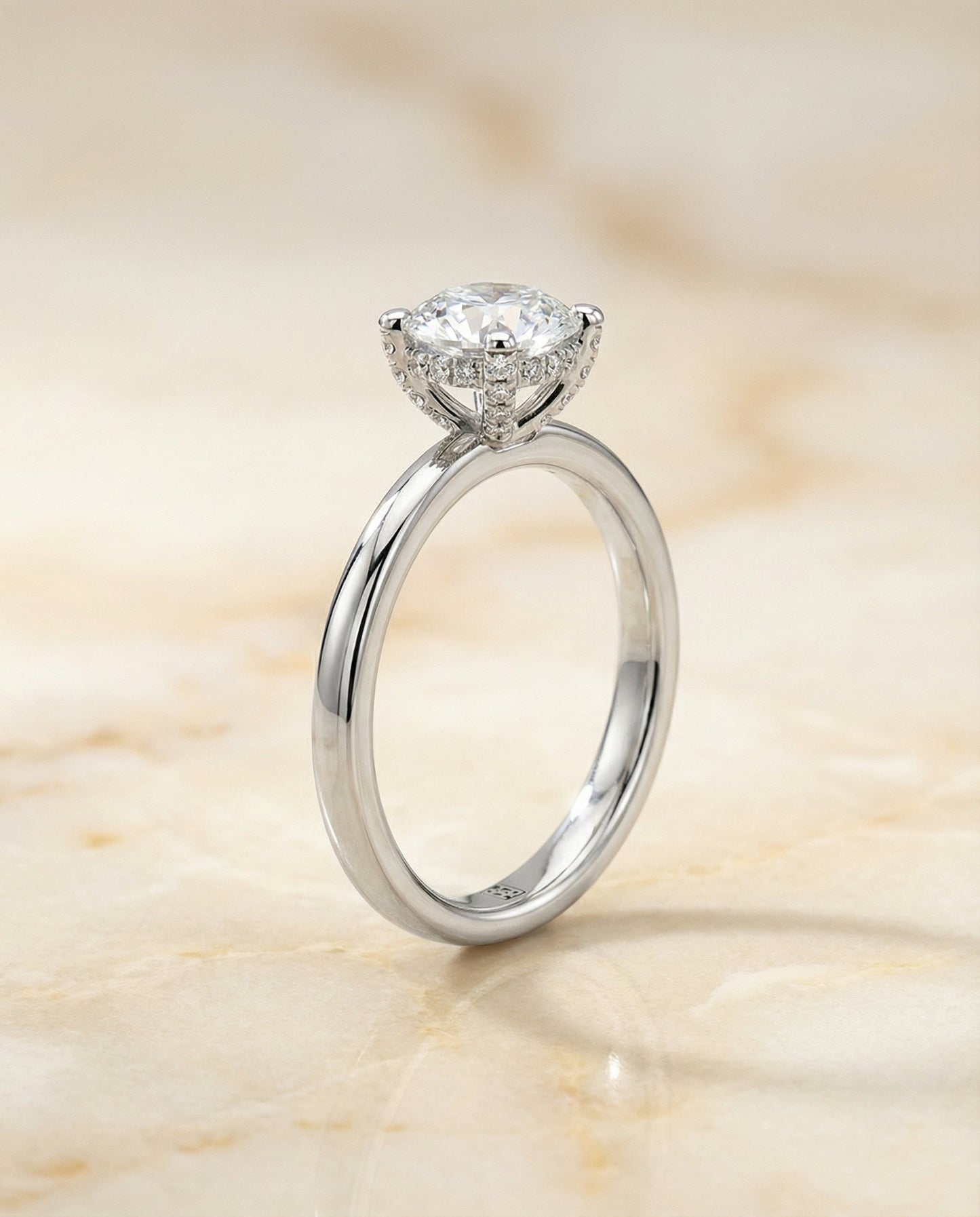 Lana Select secret halo adorned prong solitaire cushion ring in 18K White Gold — front — RockHer