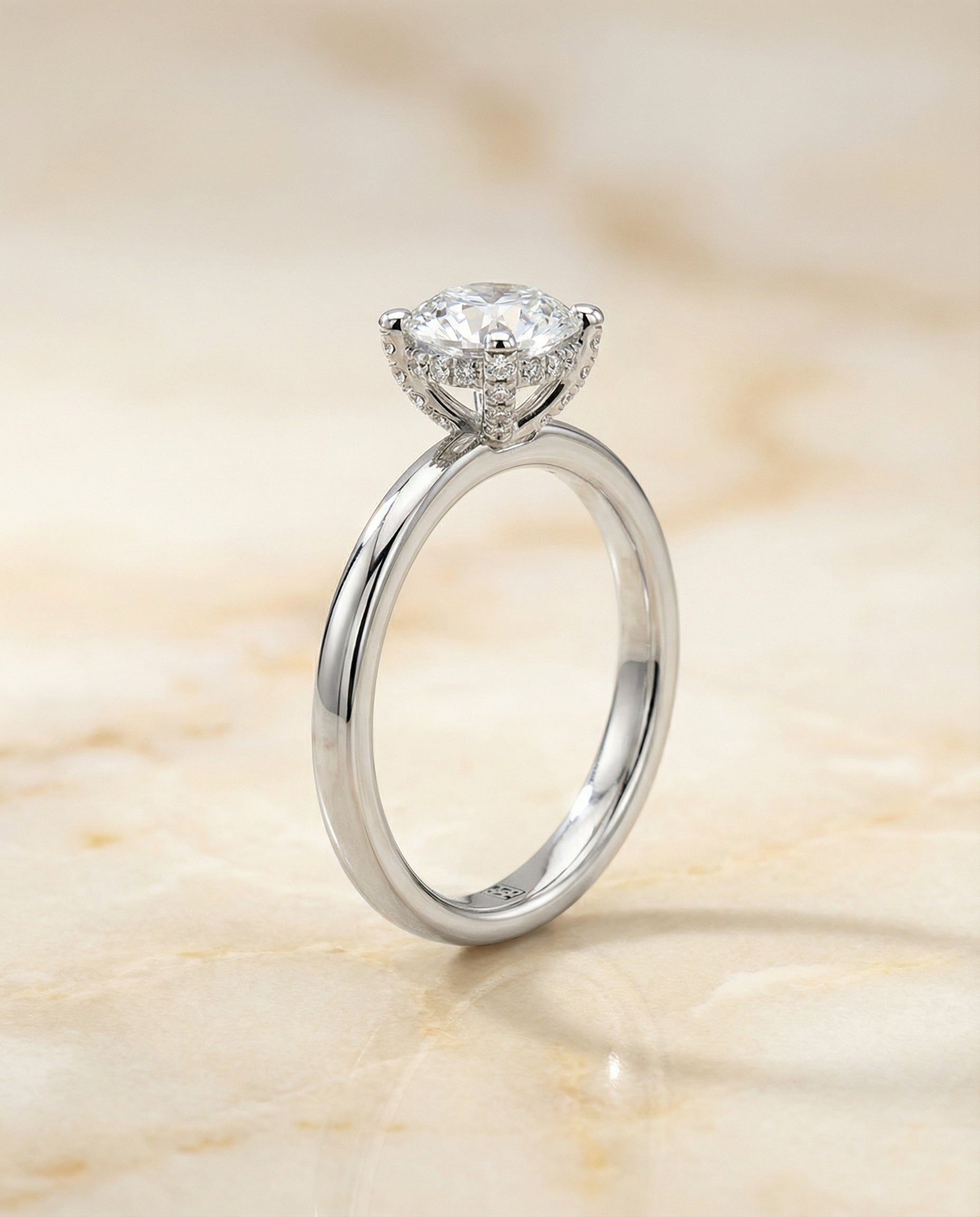 Lana Select Secret Halo Adorned Prong Solitaire Cushion Cut Lab Diamond Engagement Ring in Platinum, studio view | RockHer
