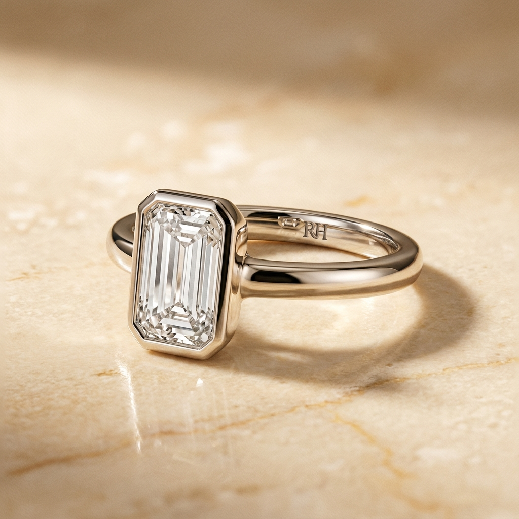 The Agnes Select bezel solitaire tapered baguette engagement ring in platinum — alt-angle hero — RockHer