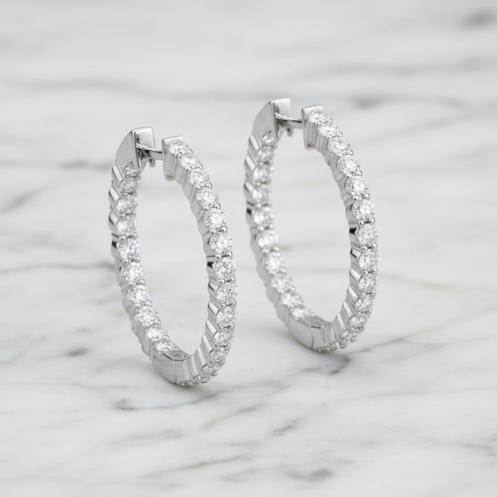 Lab grown diamond inside-out hoops shown on ear in 14kt yellow gold