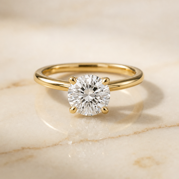 The Lana Select Secret Halo Adorned Prong Solitaire Round Lab Diamond Engagement Ring in 18K Yellow Gold
