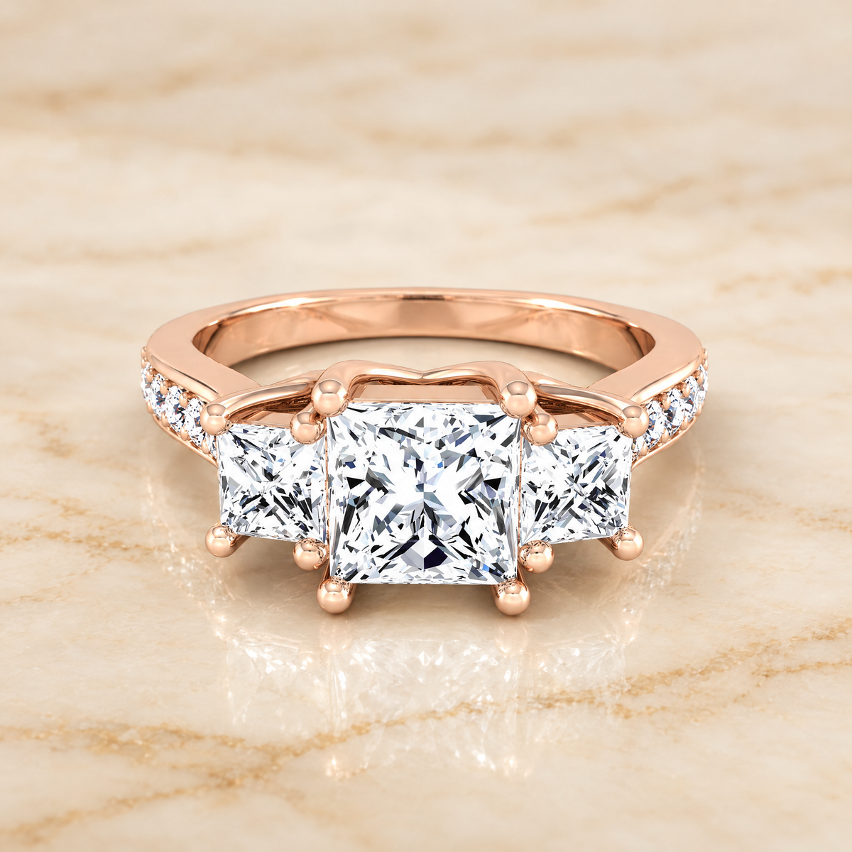 The Avery Channel Pavé Three Stone Princess Cut Engagement Ring Setting in 14K Rose Gold