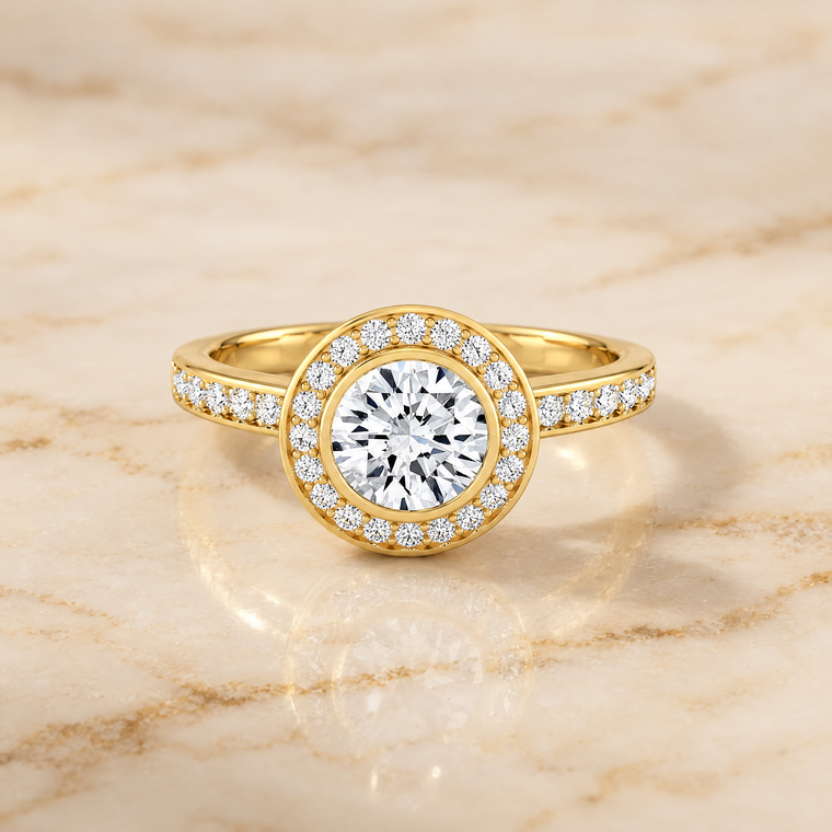 The Marcia Bezel Halo Channel Band Round Engagement Ring Setting in 18K Yellow Gold