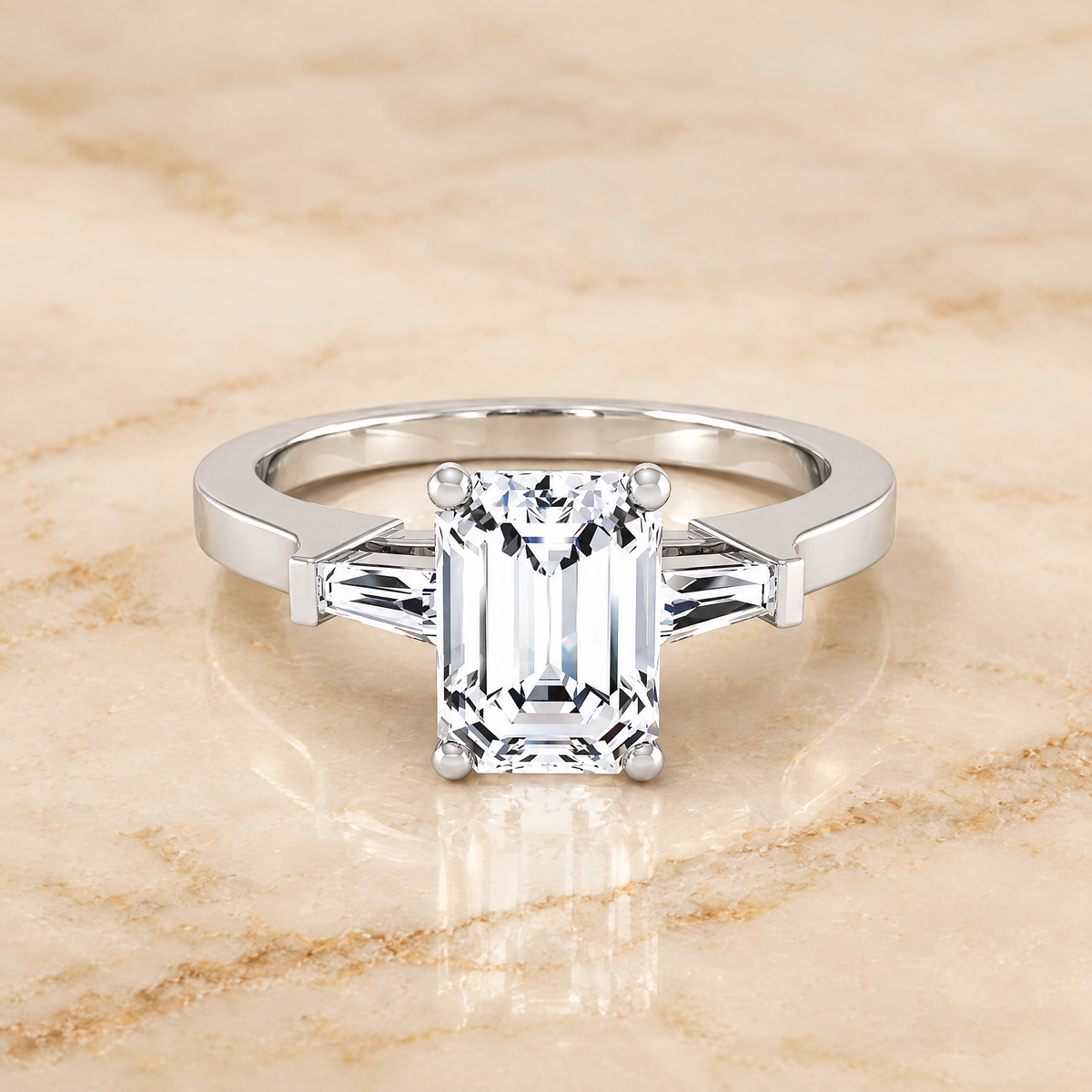 The June Three Stone Emerald Cut Engagement Ring Setting in Platinum