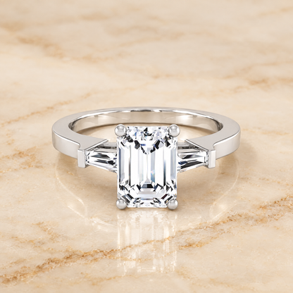 The June Three Stone Emerald Cut Engagement Ring Setting in Platinum