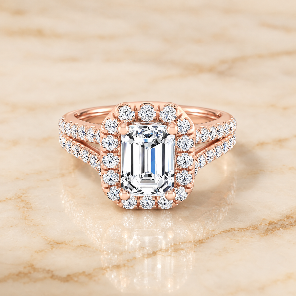The Lira French Pavé Split Shank Halo Emerald Cut Engagement Ring Setting in 14K Rose Gold