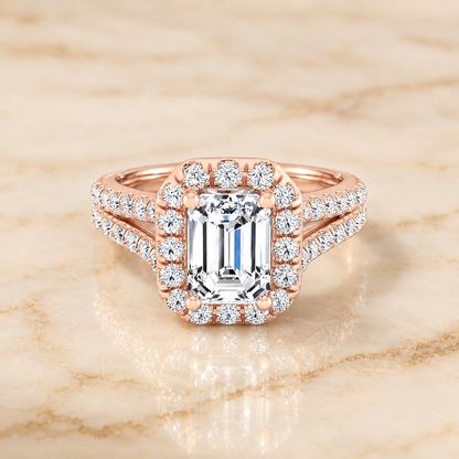 The Lira French Pavé Split Shank Halo Emerald Cut Engagement Ring Setting in 14K Rose Gold
