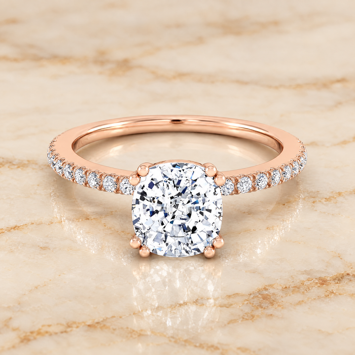 The Kelly Double Claw Prong French Pavé Cushion Cut Engagement Ring Setting in 14K Rose Gold