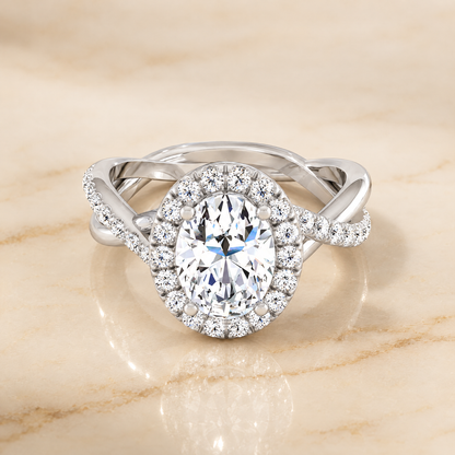 The Harmony Twisted Vine Halo Oval Engagement Ring Setting in Platinum