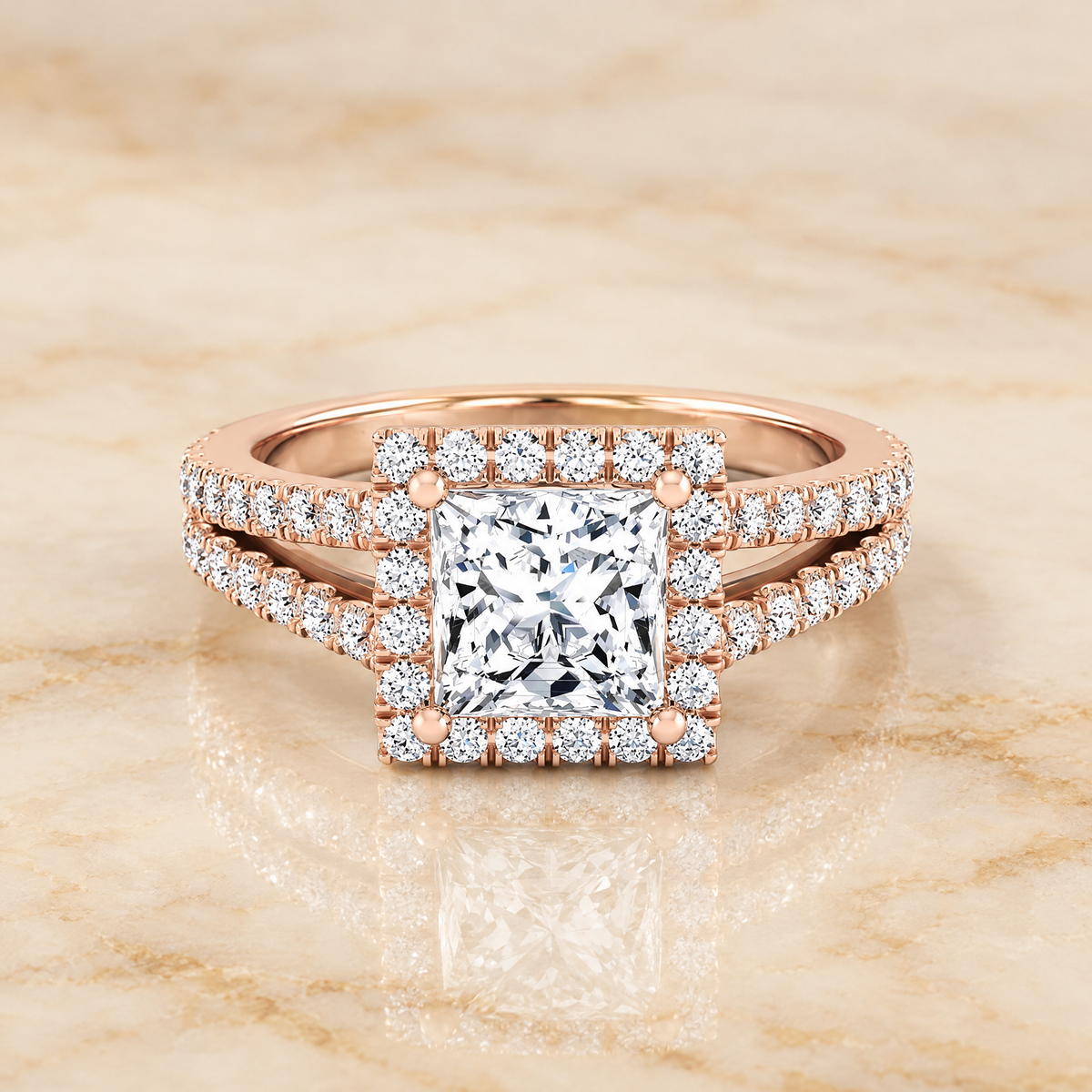 The Aretha Split Shank Pavé Halo Princess Cut Engagement Ring Setting in 14K Rose Gold