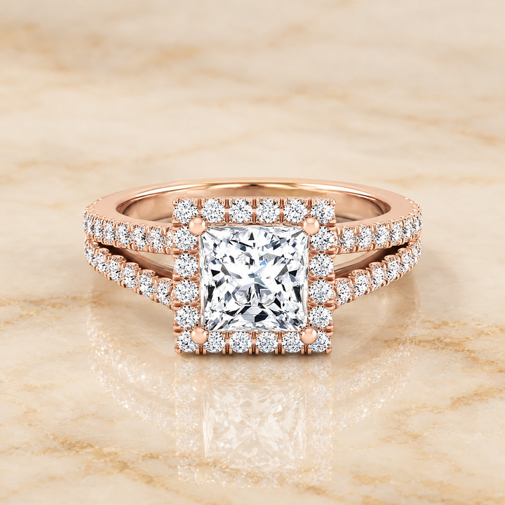 The Aretha Split Shank Pavé Halo Princess Cut Engagement Ring Setting in 14K Rose Gold