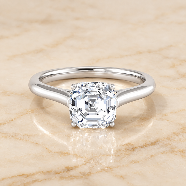 The Ellie Cathedral Comfort Fit Solitaire Asscher Cut Engagement Ring Setting in Platinum
