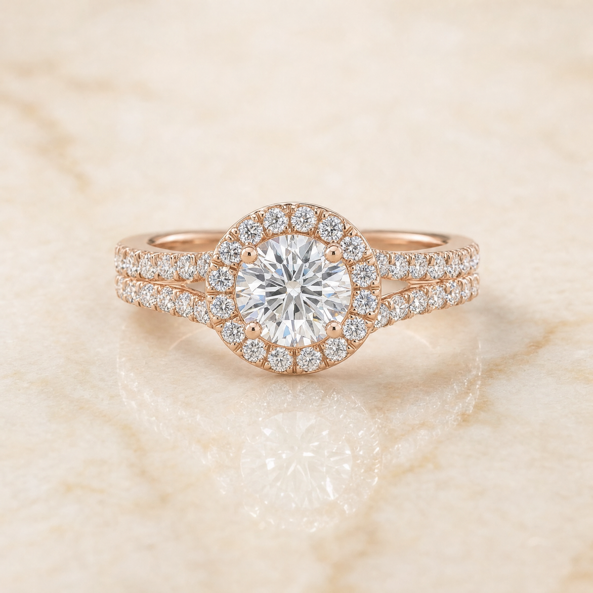 The Calliope Petite Split Shank Halo Round Engagement Ring Setting in 14K Rose Gold