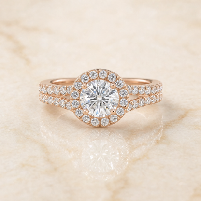 The Calliope Petite Split Shank Halo Round Engagement Ring Setting in 14K Rose Gold