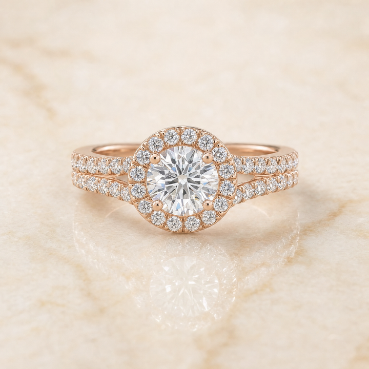 The Calliope Petite Split Shank Halo Round Engagement Ring Setting in 14K Rose Gold