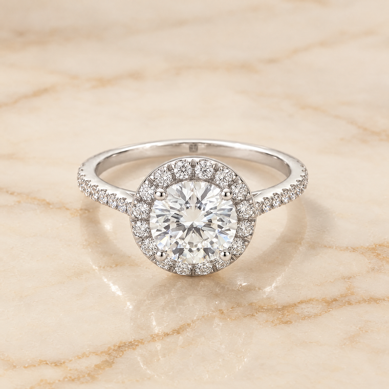 The Dionne Diamond Pavé Halo Round Engagement Ring Setting in Platinum