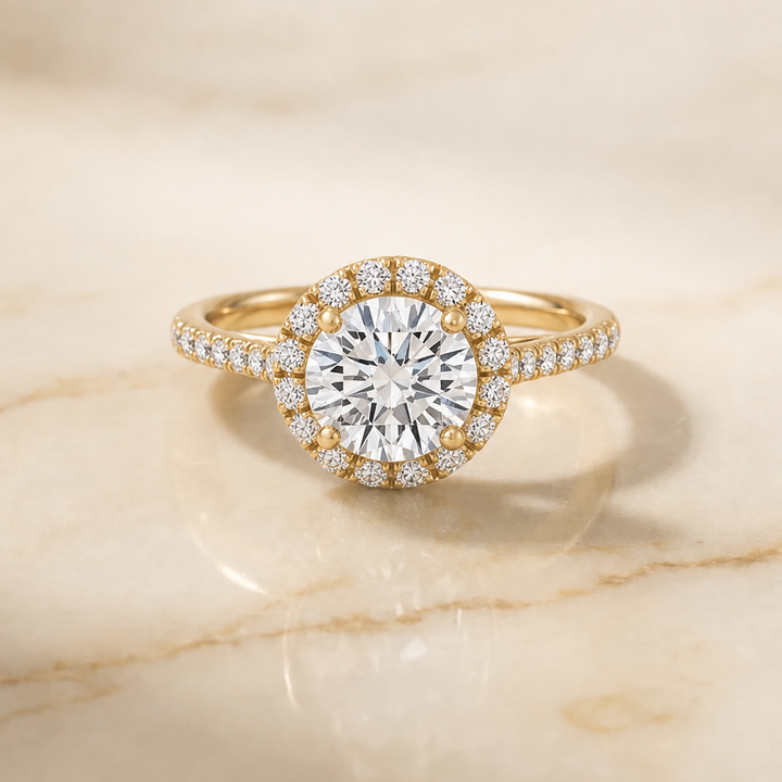 The Dylan Petite French Pavé Halo Round Engagement Ring Setting in 18K Yellow Gold