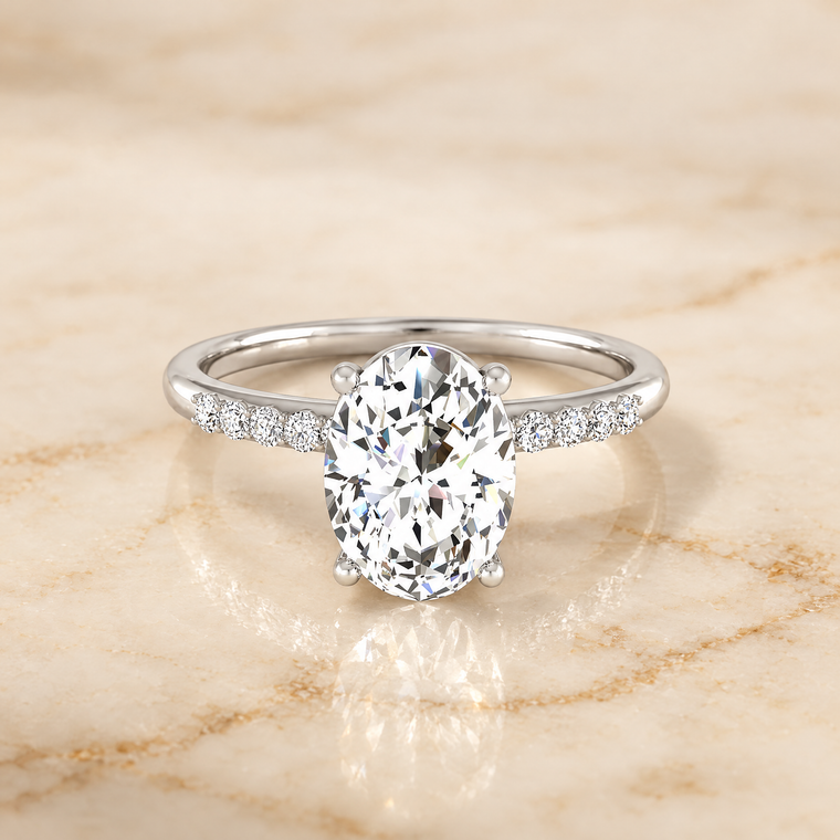 The Cherie Hidden Halo Pavé Solitaire Oval Engagement Ring Setting in 18K White Gold