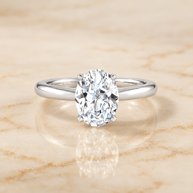 The Gilda Five Prong Comfort Fit Claw Solitaire Oval Engagement Ring Setting in 18K White Gold