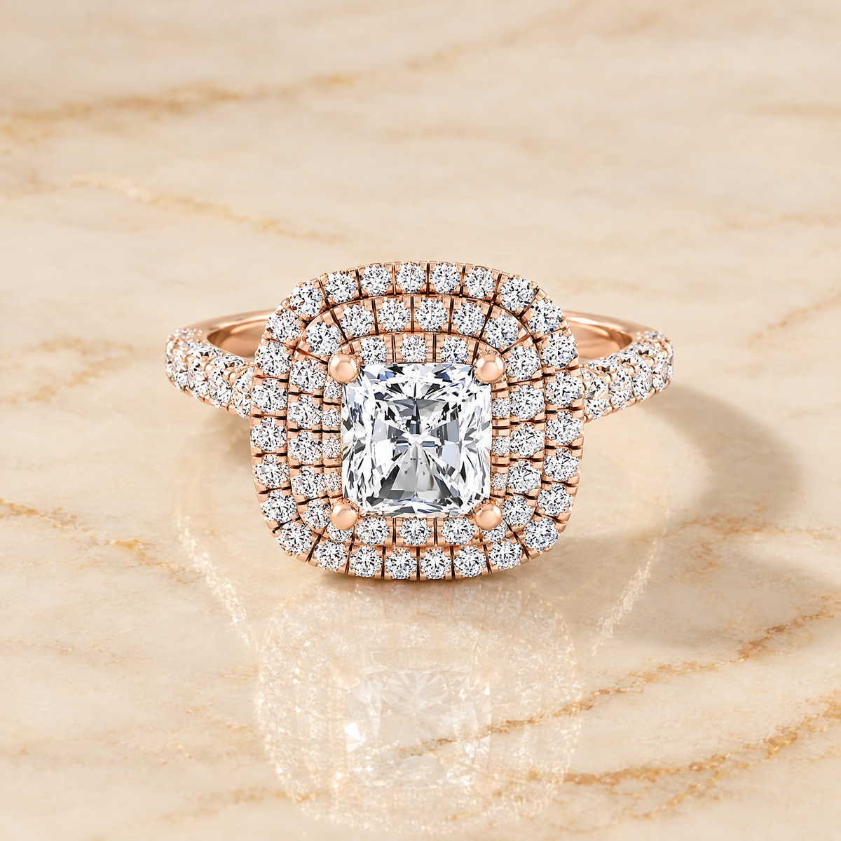 Radiant engagement ring setting in 14K Rose Gold, Dinah Double Halo Radiant Cut | RockHer