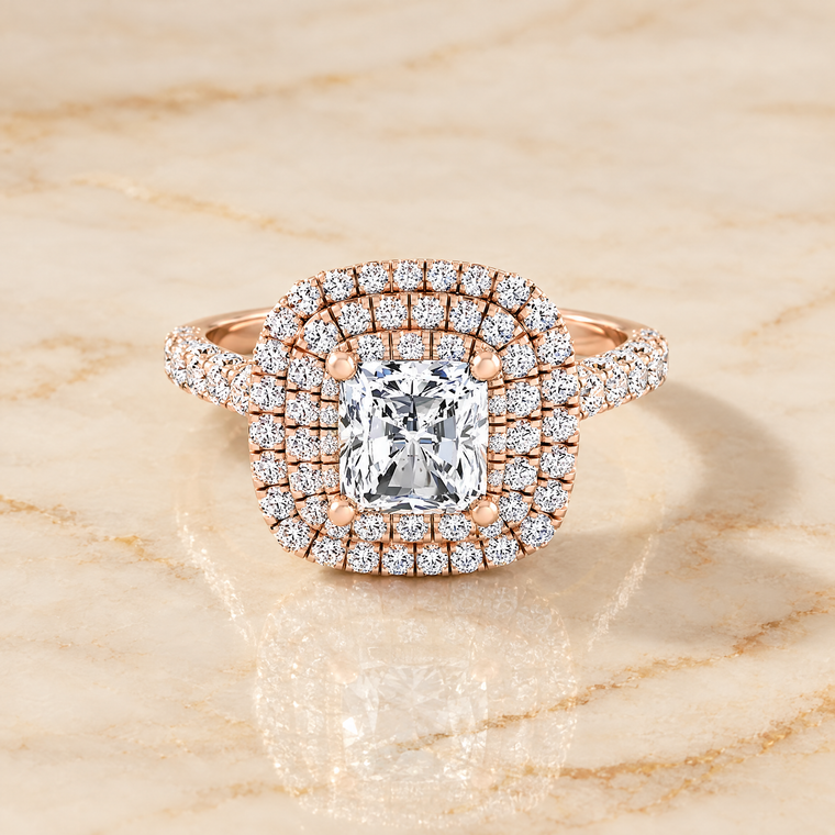 The Dinah Double Halo Radiant Cut Engagement Ring Setting in 14K Rose Gold