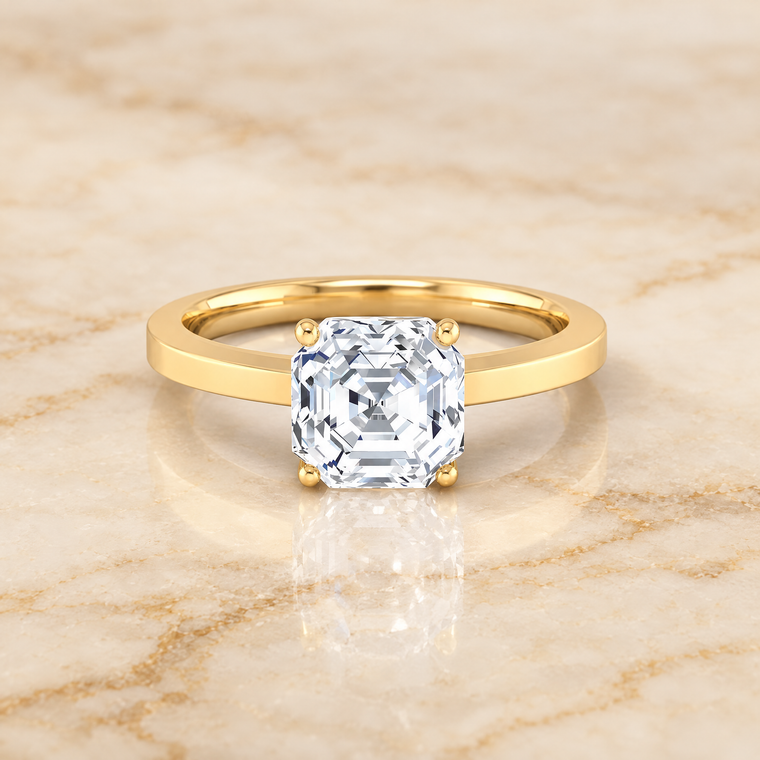 The Carmen Beveled Edge Comfort Fit Solitaire Asscher Cut Engagement Ring Setting in 18K Yellow Gold