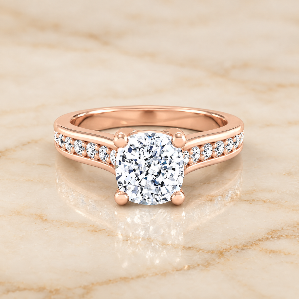 The Celesta Channel Set Pavé Cushion Cut Engagement Ring Setting in 14K Rose Gold