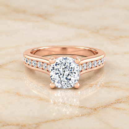 The Celesta Channel Set Pavé Cushion Cut Engagement Ring Setting in 14K Rose Gold