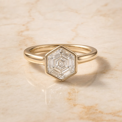 The Agnes Bezel Solitaire In Hexagon Engagement Ring Setting in 18K White Gold