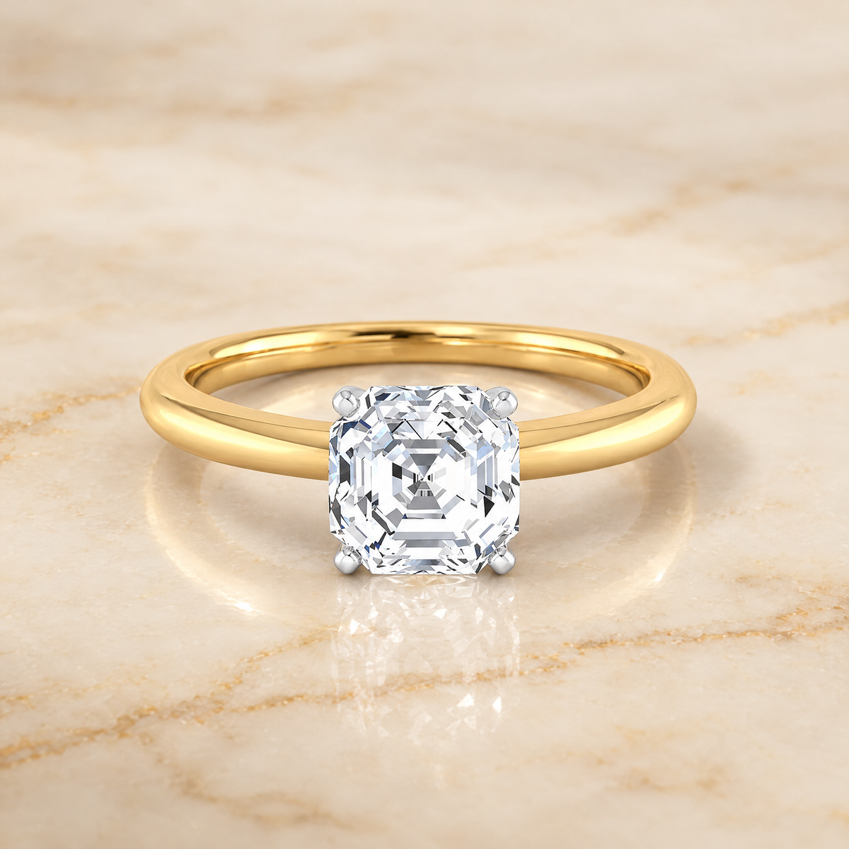 The Floria Comfort Fit Claw Prong Solitaire Asscher Cut Engagement Ring Setting in 18K Yellow Gold