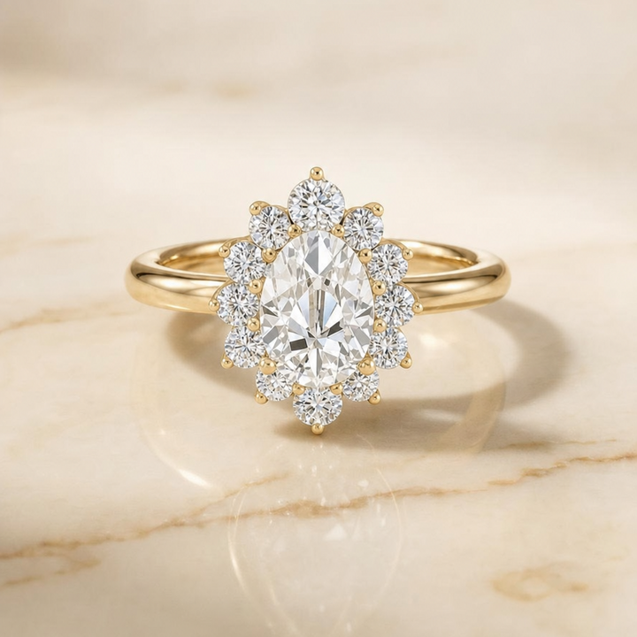 The Eloise Floral Halo Oval Engagement Ring Setting in 18K Yellow Gold