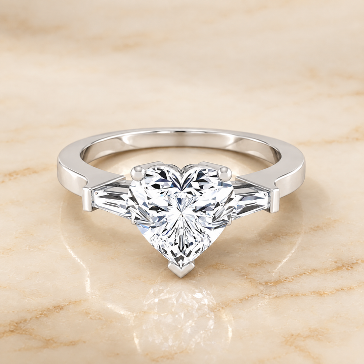 The June Three Stone Heart Engagement Ring Setting in Platinum