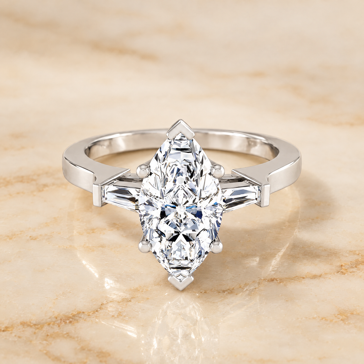 The June Three Stone Marquise Engagement Ring Setting in Platinum
