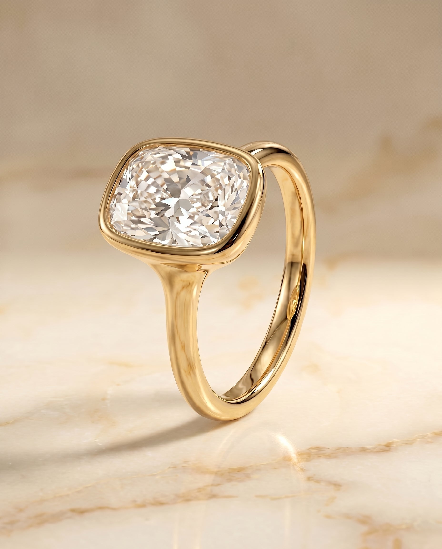 Bezel Solitaire In Cut styling on The Agnes cushion engagement ring setting | RockHer